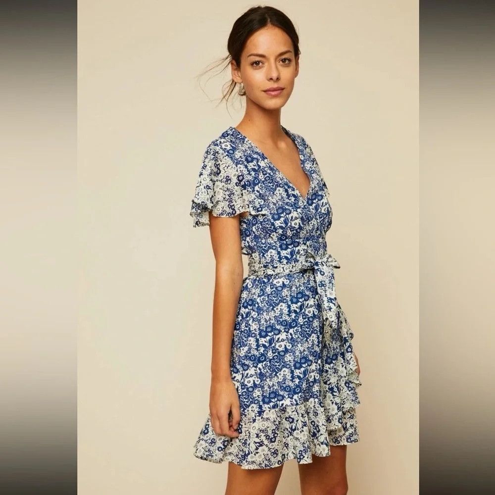 ba&sh Robe Success Blue White Floral Wrap Dress Flutter Sleeves Size XS